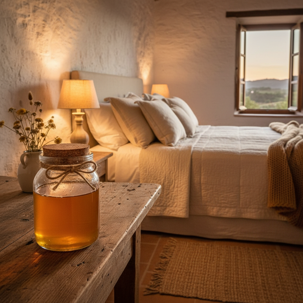 immagine che rappresenta un vasetto di miele accanto a una camera accogliente in stile agriturismo, illuminazione calda e atmosfera invitante