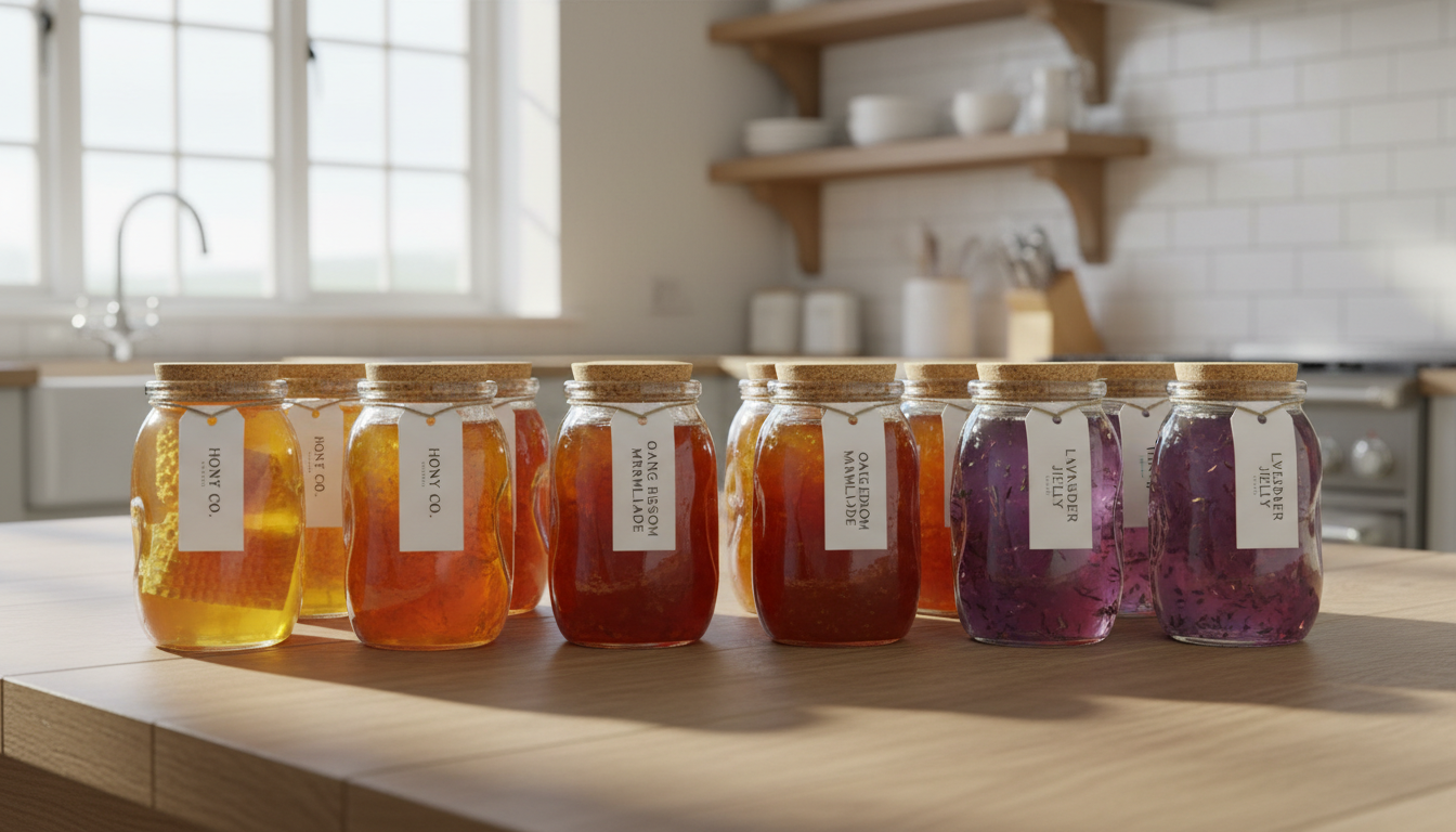 A vibrant collection of artisan glass jars filled with golden honey, deep orange marmalade, and translucent lavender-infused jelly, all meticulously labeled with minimalist white tags. The jars are neatly arranged on a smooth, light oak farmhouse table inside a bright, tastefully renovated farm kitchen. Natural morning light streams in from a nearby window, casting gentle reflections and subtle shadows, emphasizing each jar's pristine surface and the clarity of their contents. The mood is calm, professional, and subtly elegant, with a structured, corporate layout. Captured from an eye-level perspective with shallow depth of field, the image combines photographic realism and a crisp, clean aesthetic perfectly suited for a high-quality agriturismo business showcase.