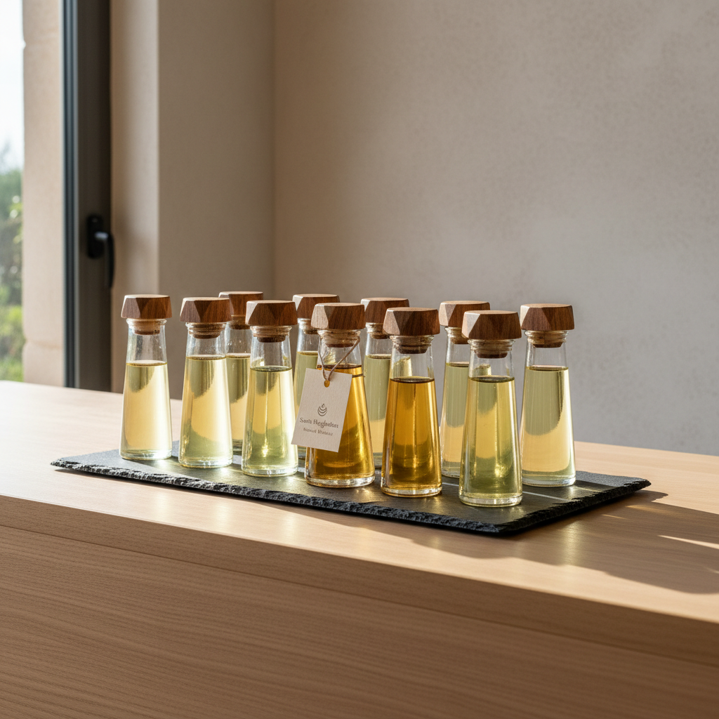 An assortment of transparent glass bottles containing pure essential oils in pale amber and greenish hues, each with precisely cut walnut wood stoppers, arranged symmetrically on a matte slate tray. The setup is on a minimalist pale wood reception desk in a welcoming agriturismo lobby, set against a neutral-toned plaster wall. Subtle midday sunlight enters from a large window, illuminating the bottles and casting soft, elongated shadows. This creates a serene, orderly, and professional mood. Photographed with sharp focus and rule of thirds composition, the style is clean, modern, and photorealistic, directly reflecting the natural wellness products of the Santa Margherita business.